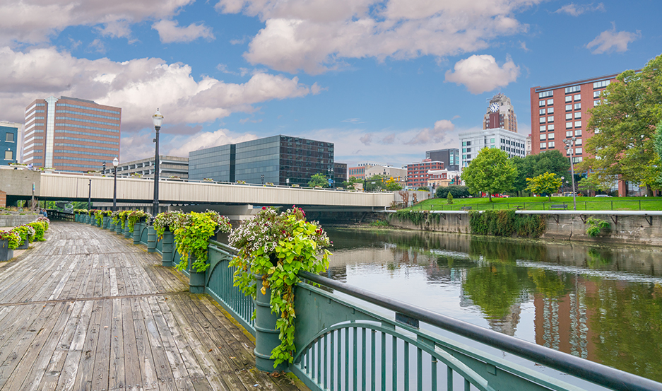 City skyline of Lansing, Michigan along the Grand River